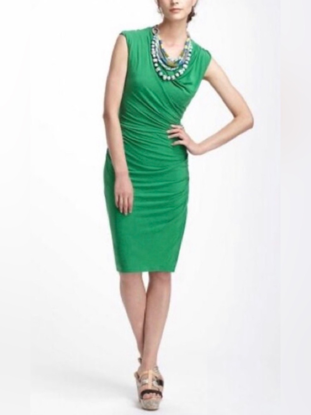 NWT Anthropologie Bordeaux Vibrant Green Ruched Sleeveless Midi Dress sz S